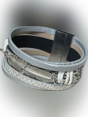 Silver Multi-Row Leather Wrap Bracelet with Feather Accent